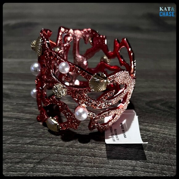 NWT Betsey Johnson Coral Hinge Bracelet Red Pearl Seashell Crystal Beach Sea - Picture 11 of 12